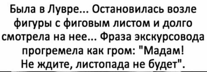 Была в Лувре Остановилась возле фигуры с фиговым листом и долго смотрела на нее Фраза экскурсовода прогремела как гром Мадам Не ждите листопада не будет