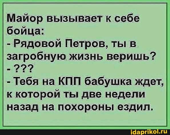 Майор вызывает к себе бойца Рядовой Петров ты в загробнуюжишь Веришь Тебя на КПП бабуиЩка ждет к к0ТгороЙ ты дВе недели