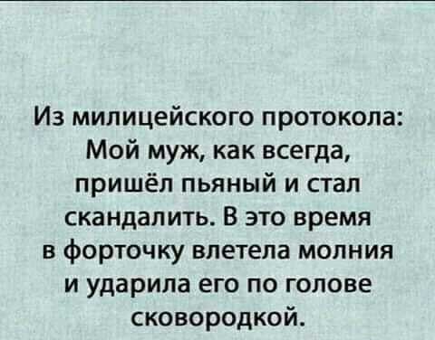 Из милицейского протокола Мой муж как всегда пришёл пьяный и стал скандал ить В это время в форточку влетела молния и ударила его по голове сковородкой