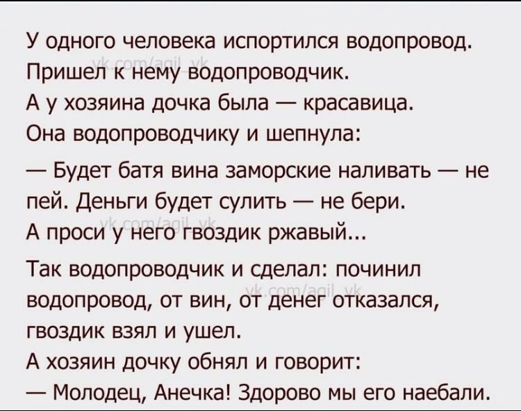 У одного человека испортился водопровод Пришел к нему водопроводчик А у хозяина дочка была красавица Она водопроводчику и шепнула Будет батя вина заморские наливать не пей Деньги будет супить не бери А проси у него гвоздик ржавый Так водопроводчик и сделал починил водопровод от вин от денег отказался гвоздик взял и ушел А хозяин дочку обнял и говорит Молодец Анечка Здорово мы его наебали