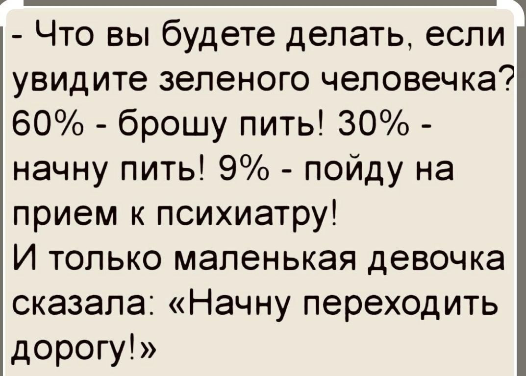 Что вы будете делать если увидите зеленого человечка 60 брошу пить 30 начну пить 9 пойду на прием к психиатру И только маленькая девочка сказала Начну переходить дорогу