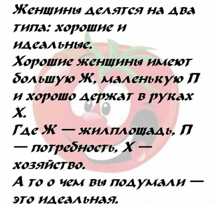 Ж ендини делятся на два типа хорошие и ид еал ьние Хорошие женщины имеют большую Ж маленькую П и хорошо держат в руках Х Где Ж жилплошмпь П потребность Х хозяйство А то о чем вы подумали это идеальная