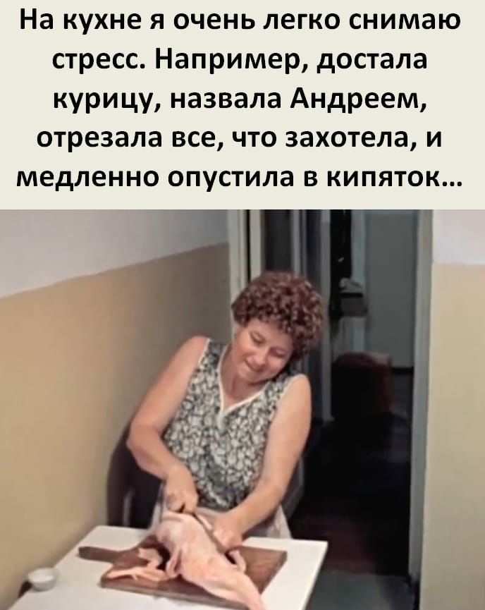 На кухне я очень легко снимаю стресс Например достала курицу назвала Андреем отрезала все что захотела и медленно опустила в кипяток