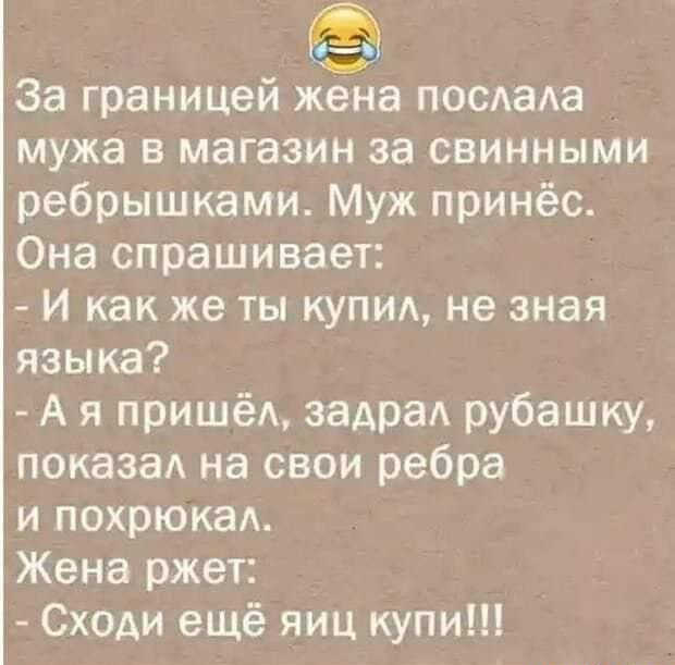 За границей жена посдада мужа в магазин за свинными ребрышками Муж принёс Она спрашивает И как же ты купид не зная языка А я пришёд задрад рубашку показа на свои ребра и похрюкад Жена ржет Сходи ещё яиц купи