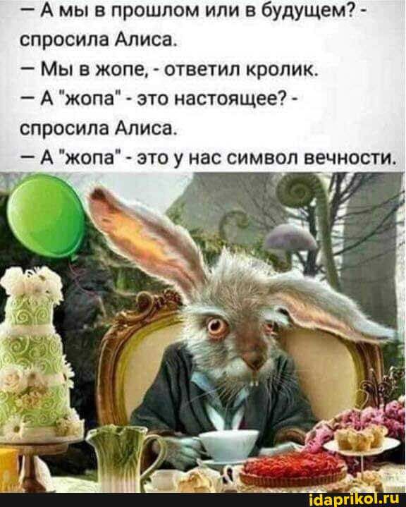 А мы в прошлом или в будущем спросила Алиса Мы в жопе ответил кролик А жопа это настоящее спросила Алиса А жопа это у нас символ вечности