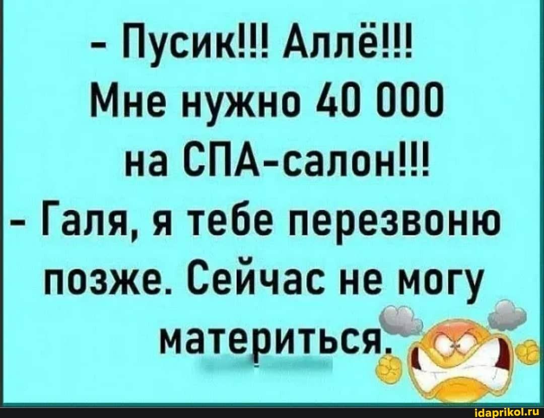 Пусик Аллё Мне нужно 40 000 на СПА салон Галя я тебе перезвоню позже Сейчас не могу материърся