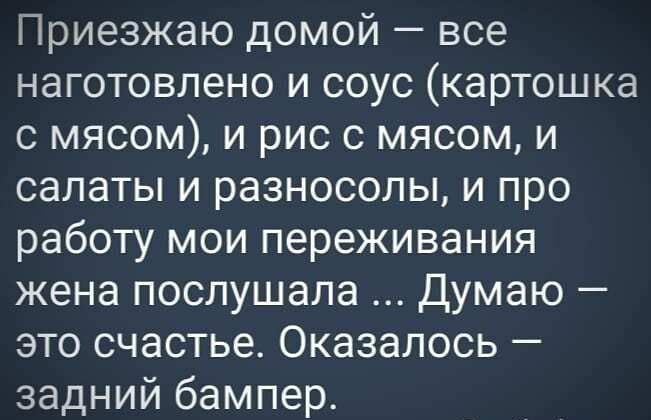 Приезжаю домой все наготовлено и соус картошка с мясом и рис с мясом и салаты и разносолы и про работу мои переживания жена послушала Думаю это счастье Оказалось задний бампер