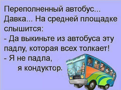 Переполненный автобус Давка На средней площадке слышится Да выкиньте из автобуса эту падпу которая всех толкает Я не падпа я кондуктор