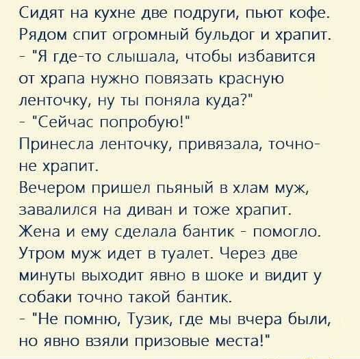 Сидят на кухне две подруги пьют кофе Рядом спит огромный бульдог и храпит Я гдейто слышала чтобы избавится от храпа нужно повязать красную ленточку ну ты поняла куда Сейчас попробую Принесла ленточку привязала точно не храпит Вечером пришел пьяный в хлам мук завалился на диван и тоже храпит Жена и ему сделала бантик помогло Утром муж идет в туалет Через две минуты выходит явно в шоке и видит у соб