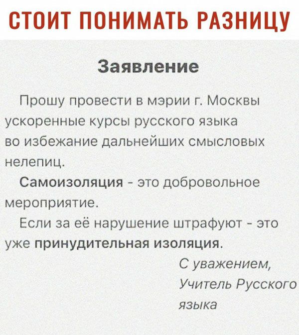 СТОИТ ПОНИМАТЬ РАЗНИЦУ Заявление Прошу провести в мэрии г Москвы ускоренные курсы русского языка во избежание дальнейших смысловых непепиц Самоизопяция это добровольное мероприятие Если за её нарушение штрафуют это уже принудительная изоляция Суважением Учитель Русского языка