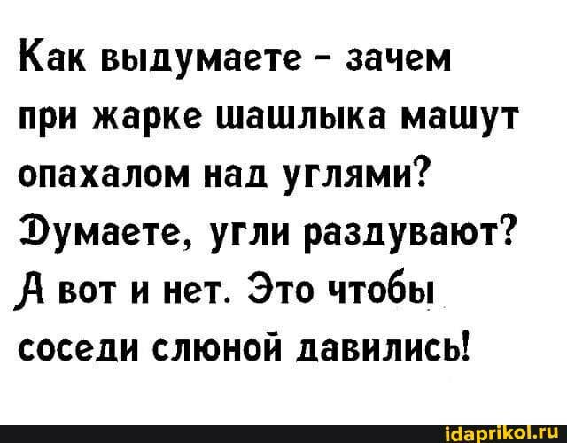 Как выдумаете зачем при жарке шашлыка машут опахалом над углями Ъумаете угли раздувают А вот и нет Это чтобы соседи слюной давились