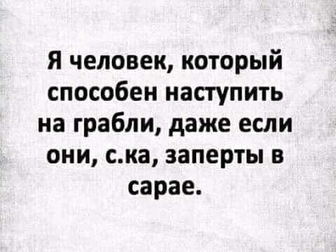 я человек который способен наступить на грабли даже если они ска заперты в сарае