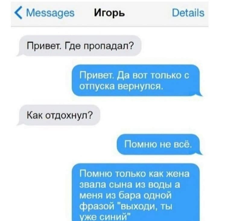 Меззауез Игорь Оеіаііз Привет Где пропадал Привет Да вот только с отпуска вернупся Как отдохнул Помню не всё ПОМНЮ ТОЛЬКО как жена ЗВЭПЭ сына ИЗ ВОДЫ а меня из бара одной фразой выходи ты же синий