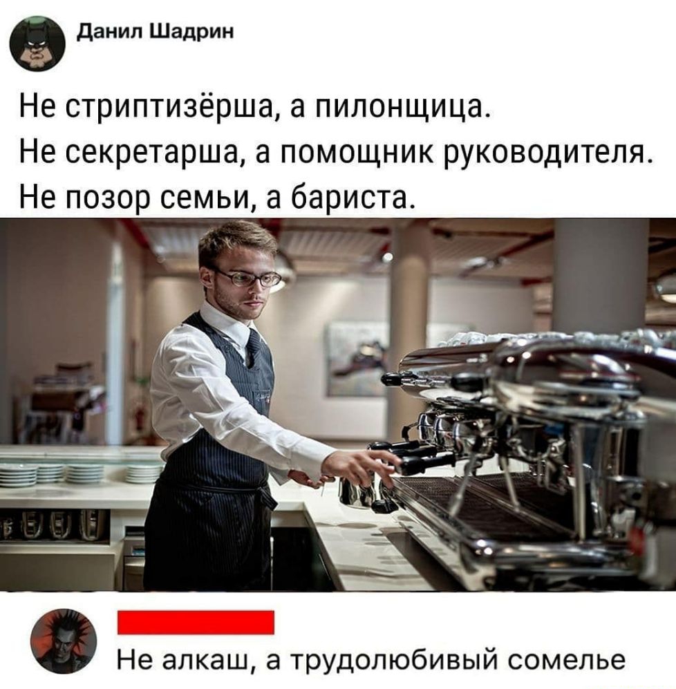 данил Шадрин Не стриптизёрша а пилонщица Не секретарша а помощник руководителя Не позор семьи а бариста А Не алкаш а трудолюбивый сомелье