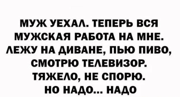 МУЖ УЕХАА ТЕПЕРЬ ВСЯ МУЖСКАЯ РАБОТА НА МНЕ АЕЖУ НА ДИВАНЕ ПЬЮ ПИВО СМОТРЮ ТЕАЕВИЗОР ТЯЖЕАО НЕ СПОРЮ НО НАДО НАДО