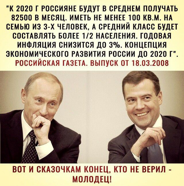 К 2О2О Г РОССИЯНЕ БУДУТ В СРЕДНЕМ ПОЛУЧАТЬ 82500 В МЕСЯЦ ИМЕТЬ НЕ МЕНЕЕ 100 КВМ НА СЕМЬЮ из 3х ЧЕЛОВЕК А СРЕДНИЙ КЛАСС БУДЕТ СОСТАВЛЯТЬ БОЛЕЕ 12 НАСЕЛЕНИЯ ГОДОВАЯ ИНФЛЯЦИЯ СНИЗИТСЯ ДО 3 КОНЦЕПЦИЯ ЭКОНОМИЧЕСКОГО РАЗВИТИЯ РОССИИ ДО 2О2О Т РОССИЙСКАЯ ГАЗЕТА ВЫПУСК ОТ 18032008 ВОТ И СКАЗОЧКАМ КОНЕЦ КТО НЕ ВЕРИЛ МОЛОДЕЦ
