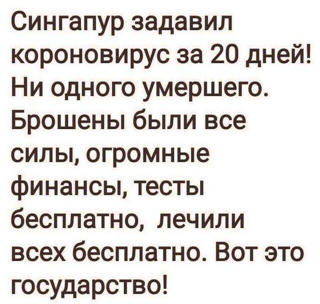 Сингапур задавил короновирус за 20 дней Ни одного умершего Брошены были все силы огромные финансы тесты бесплатно лечили всех бесплатно Вот это государство