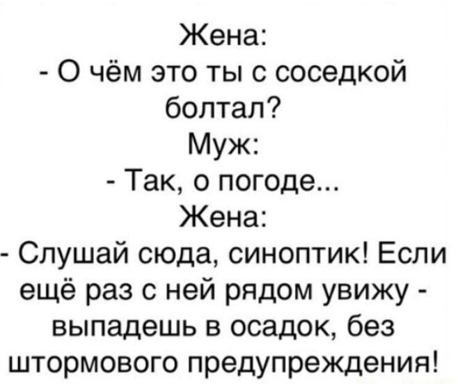 Жена О чём это ты с соседкой болтал Муж Так о погоде Жена Слушай сюда синоптик Если ещё раз с ней рядом увижу выпадешь в осадок без штормового предупреждения