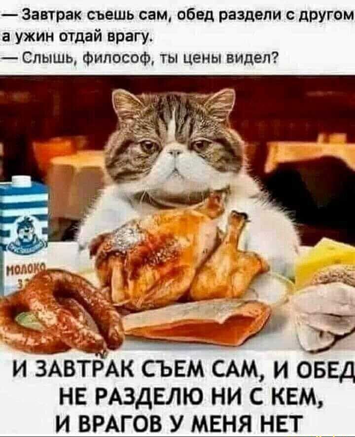 Завтрак съешь сам обед раздели другом а ужин отдай врагу Слышь Философ ты цены видел И ЗАВТРАК СЪЕМ САМ И ОБЕД НЕ РАЗДЕЛЮ НИ С КЕМ И ВРАГОВ У МЕНЯ НЕТ _