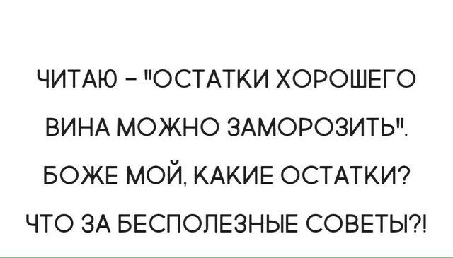 ЧИТАЮ ОСТАТКИ ХОРОШЕГО ВИНА МОЖНО ЗАМОРОЗИТЬ БОЖЕ МОЙ КАКИЕ ОСТАТКИ ЧТО ЗА БЕСПОПЕЗНЫЕ СОВЕТЫ