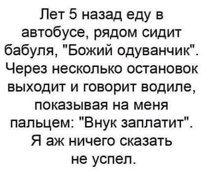 Лет 5 назад еду в автобусе рядом сидит бабуля Божий одуванчик Через несколько остановок выходит и говорит водиле показывая на меня пальцем Внук заплатит Я аж ничего сказать не успел