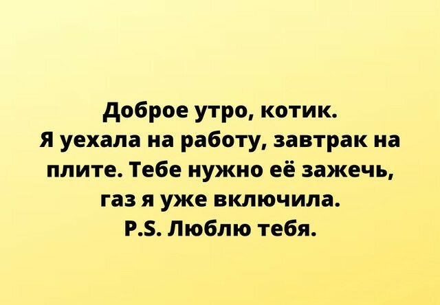 доброе утро котик я уехала на работу завтрак на плите Тебе нужно её зажечь газ я уже включила РБ Люблю тебя