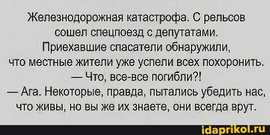 Железнодорожная катастрофа С рельсов сошел спецпоезд с депутатами Приехавшие спасатели обнаружили что местные жители уже успели всех похоронить Что все все погибли Ага Некоторые правда пытались убедить нас что живы но вы же их знаете они всегда врут