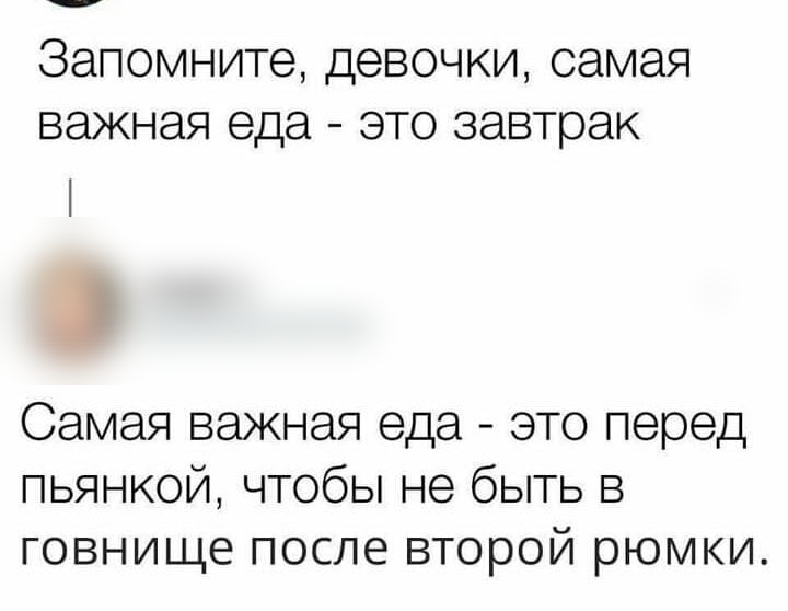 Запомните девочки самая важная еда это завтрак Самая важная еда это перед пьянкой чтобы не быть в говнище после второй рюмки