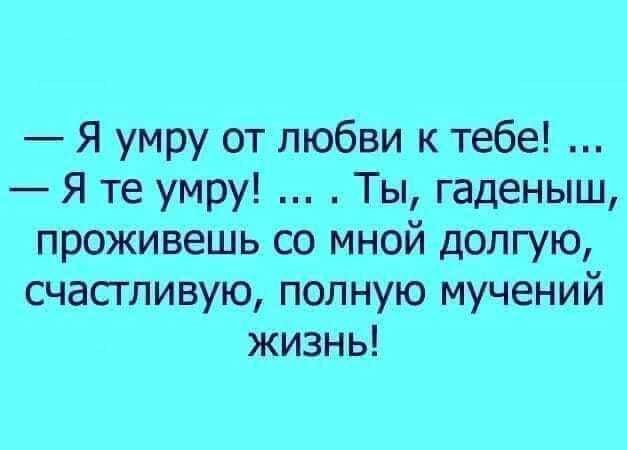 Я умру от любви к тебе Я те умру Ты гаденыш проживешь со мной долгую счастливую полную мучений жизнь