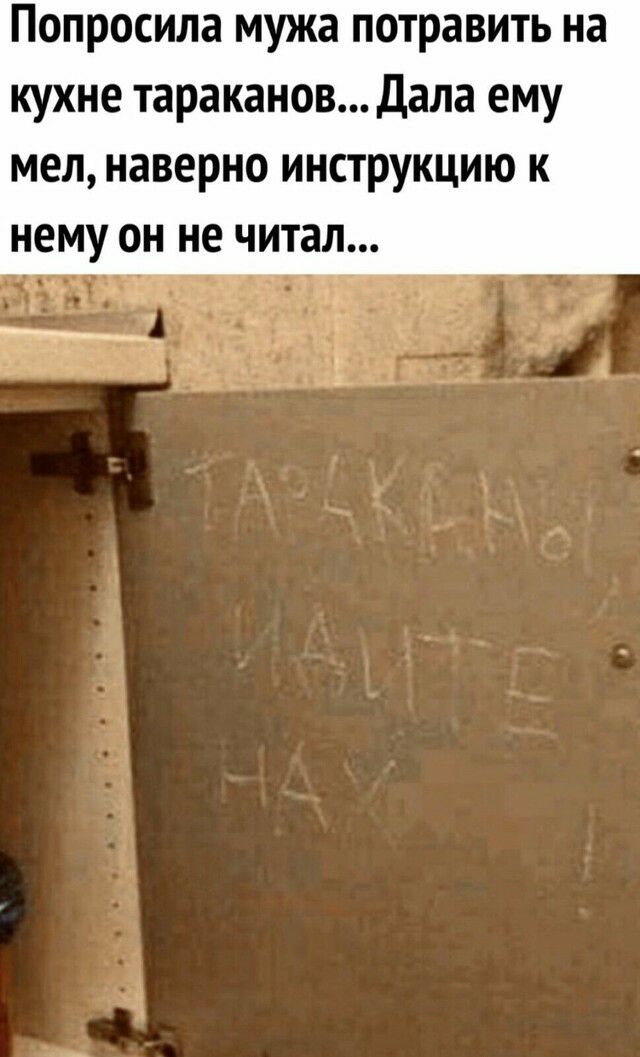 Попросила мужа потравить на кухне тараканов Дала ему МЕЛ наверно ИНСТРУКЦИЮ К НЕМУ ОН не читал