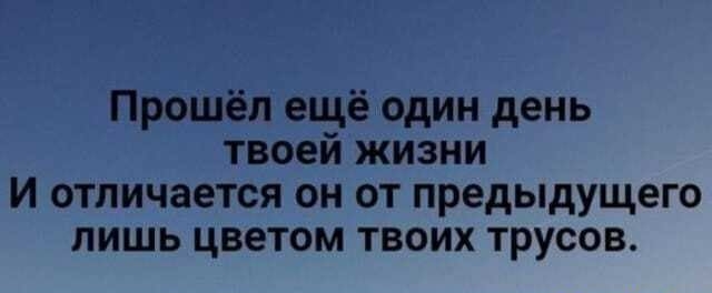 Прошёл ещё один день твоей жизни и отличается он от предыдущего лишь цветом твоих трусов