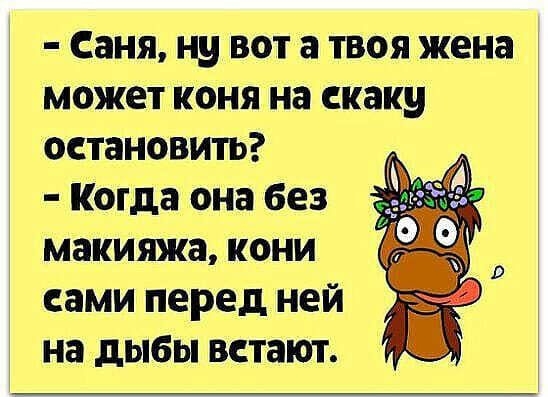 Саня ну вот а твоя жена может коня на скаку остановить Когда она без макияжа кони сами перед ней на дыбы встают