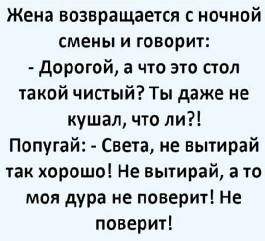 Жена возвращается с ночной смены и говорит дорогой а что это стол такой чистый Ты даже не кушал что ли Попугай Света не вытирай так хорошо Не вытирай а то моя дура не поверит Не поверит