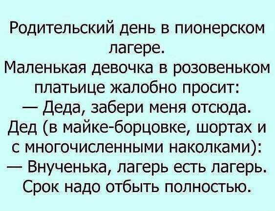 Родительский день в пионерском лагере Маленькая девочка в розовеньком платьице жалобно просит Деда забери меня отсюда Дед в майке борцовке шортах и с многочисленными наколками Внученька лагерь есть лагерь Срок надо отбыть полностью