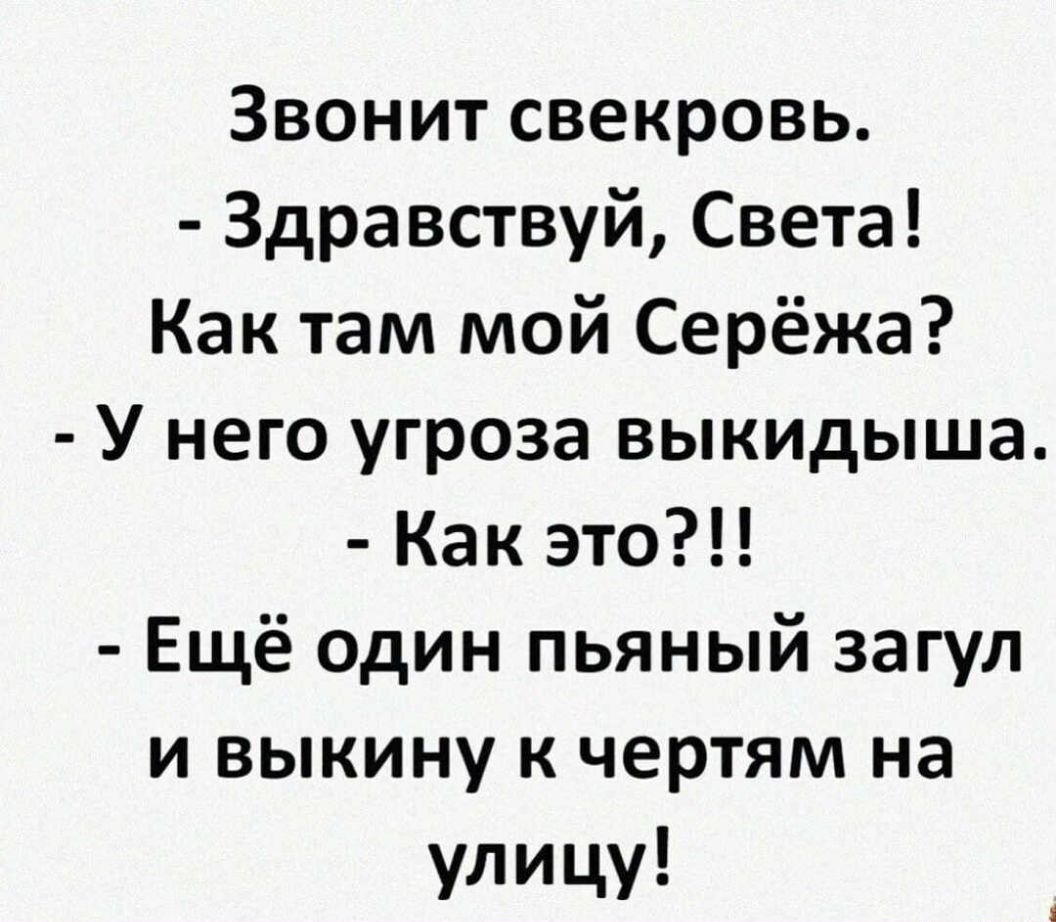 Звонитсвекровь Здравствуй Света Как там мой Серёжа У него угроза выкидыша Как это Ещё один пьяный загул и выкину к чертям на улицу