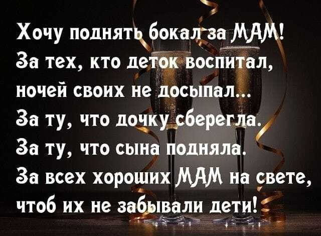 Хочу подняткбокалза МАМ За тех кто детодовоспиёал ночей своих не посыпал За ту что дочкуберегла За ту что сына НоднЯла За всех хороших МАМ на свете чтоб их не заёьтвали дети