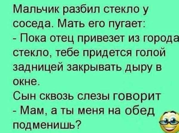 Мальчик разбил стекло у соседа Мать его пугает Пока отец привезет из города стекло тебе придется голой задницей закрывать дыру в окне Сын сквозь слезы говорит Мам а ты меня на обед подменишь