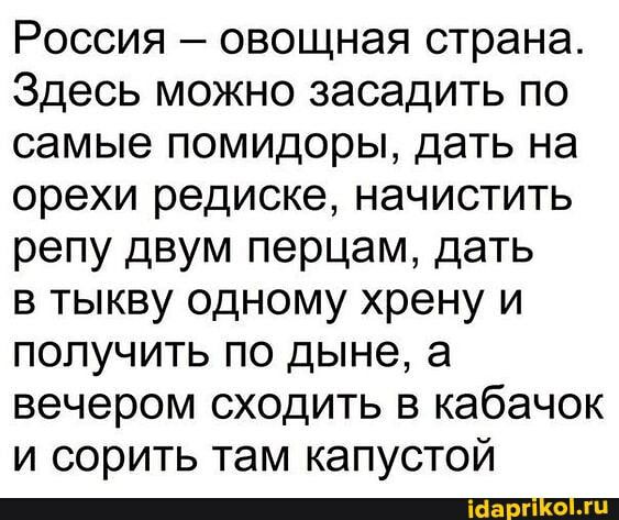 Россия овощная страна Здесь можно засадить по самые помидоры дать на орехи редиске начистить репу двум перцам дать в тыкву одному хрену и ПОЛУЧИТЬ ПО дыне а вечером сходить в кабачок и сорить там капустой _