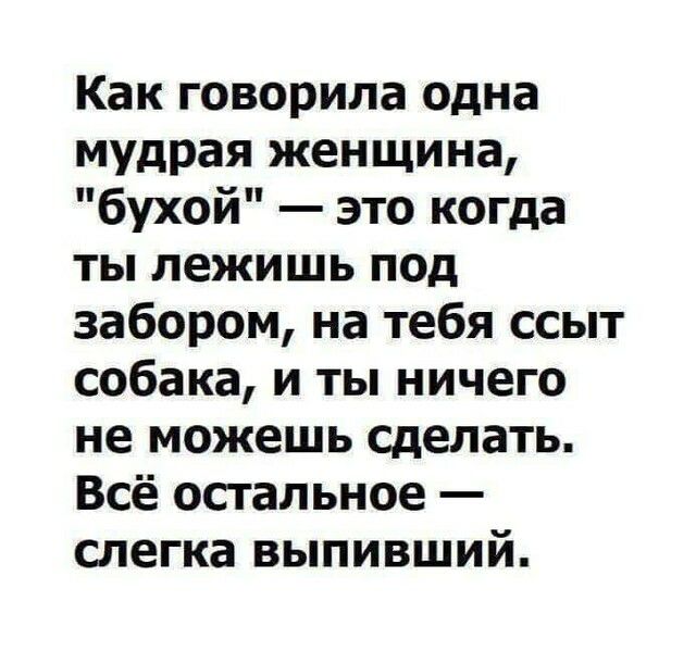 Как говорила одна мудрая женщина бухой это когда ты лежишь под забором на тебя ссыт собака и ты ничего не можешь сделать Всё остальное слегка выпивший