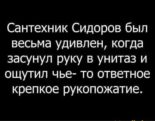 Сантехник Сидоров был весьма удивлен когда засунул руку в унитаз и ощутил чье то ответное крепкое рукопожатие