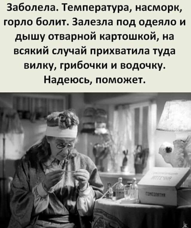 Заболела Температура насморк горло болит Залезла под одеяло и дышу отварной картошкой на всякий случай прихватила туда вилку грибочки и водочку Надеюсь поможет