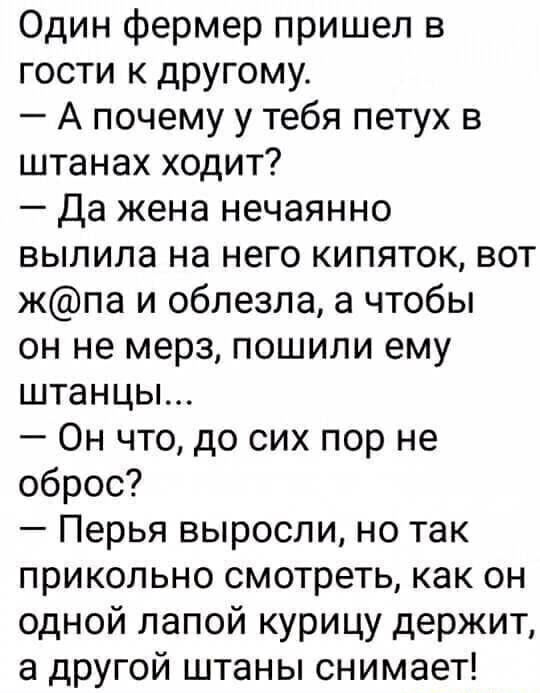 Один фермер пришел в гости к другому А почему у тебя петух в штанах ходит Да жена нечаянно выпила на него кипяток вот жпа и облезпа а чтобы он не мерз пошили ему штанцы Он что до сих пор не оброс Перья выросли но так прикольно смотреть как он одной лапой курицу держит а другой штаны снимает