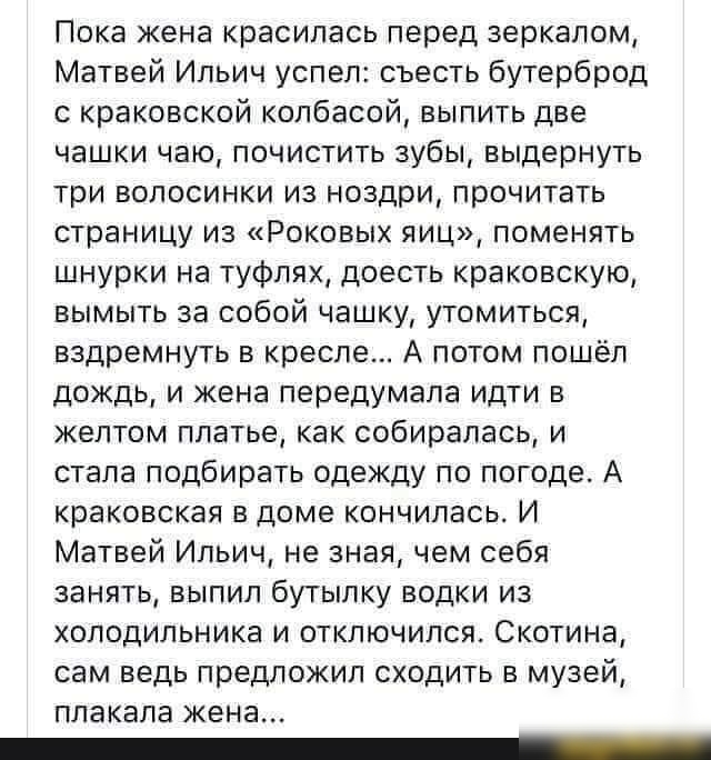 Пока жена красилась перед зеркалом Матвей Ильич успел съесть бутерброд с краковской колбасой выпить две чашки чаю почистить зубы выдернуть три волосинки из ноздри прочитать страницу из Роковых яиц поменять шнурки на туфлях доесть краковскую вымыть за собой чашку утомиться вздремнуть в кресле А потом пошёл дождь и жена передумала идти в желтом платье как собиралась и стала подбирать одежду по погод