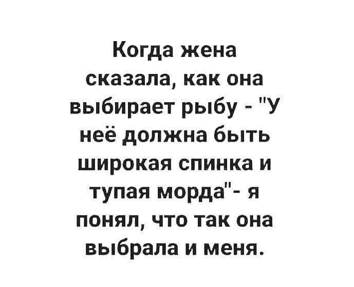 Когда жена сказала как она выбирает рыбу У неё должна быть широкая спинка и тупая морда я понял что так она выбрала и меня