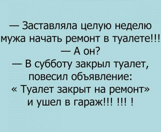 Заставляла целую неделю мужа начать ремонт в туалете А он В субботу закрыл туалет повесил объявление Туалет закрыт на ремонт и ушел в гараж