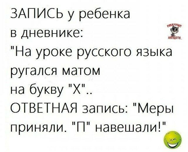 ЗАПИСЬ у ребенка в дневнике Ё На уроке русского языка ругался матом на букву Х ОТВЕТНАЯ запись Меры приняли П навешали