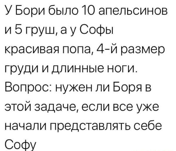 У Бори было 10 апельсинов и 5 груш а у Софы красивая попа 4й размер груди и длинные ноги Вопрос нужен ли Боря в этой задаче если все уже начали представлять себе СоФу