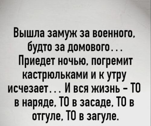 Вышла замуж за военного будто за домового Приедет ночью погремит кастрюльками и к утру исчезает И вся жизнь ТВ в наряде ТО в засаде ТВ в отгуле ТВ в загуле