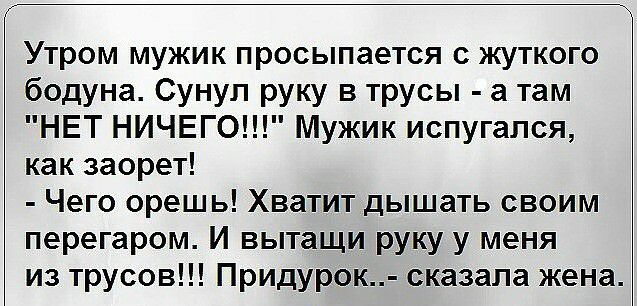 Утром мужик просыпается с жуткого бодуна Сунул руку в трусы а там НЕТ НИЧЕГО Мужик испугался как заорет Чего орешь Хватит дышать своим перегаром И вытащи руку у меня из трусов Придурок сказала жена