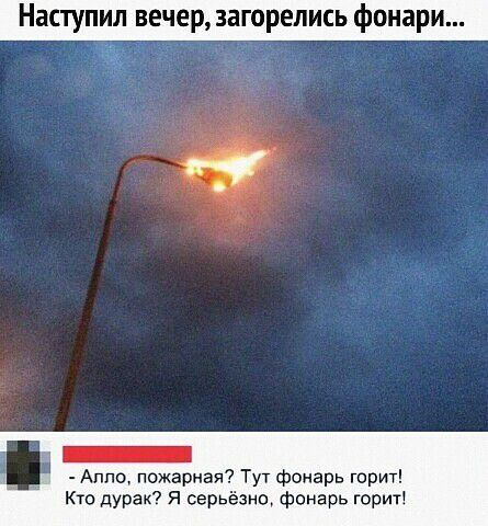 вступил вечер загорелись фона Алло пожарная Тут фонарь горит Кто дурак Я серьёзно фонарь горит